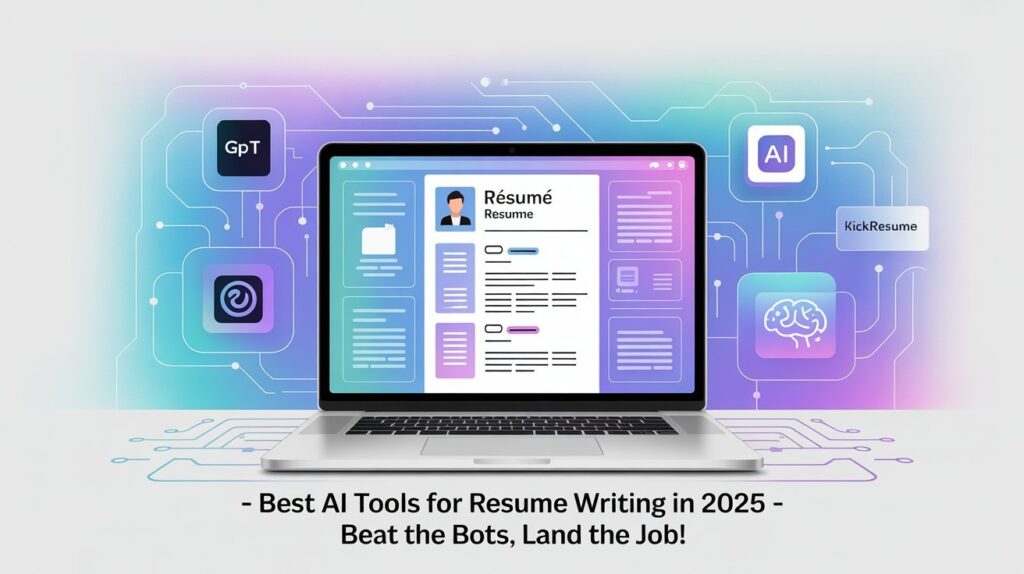 AI-powered resume writing tools displayed on a laptop screen with icons like Kickresume, Rezi, and ChatGPT — helping job seekers create ATS-friendly resumes in 2025.