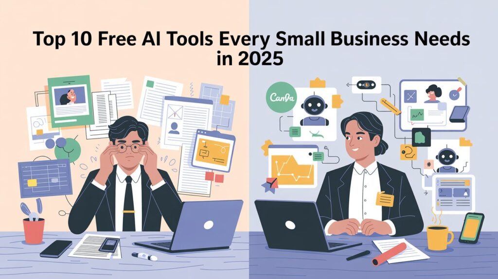 Illustration of a small business owner multitasking with AI tools – including a laptop with charts, a chatbot assistant, social media icons, and design tools like Canva and ChatGPT on the screen.