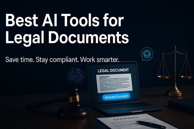 AI tools for generating legal documents in 2025 – laptop showing automated contract drafting with legal icons and AI interface.