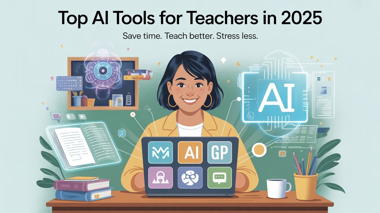 A teacher using AI tools like MagicSchool and ChatGPT at their desk, surrounded by lesson plans and grading icons — illustrating top AI tools for teacher posts in 2025.