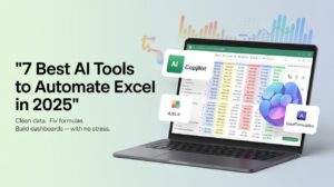 AI tools for Excel automation in 2025 – laptop showing spreadsheet with charts, AI assistant icons, and data cleaning in progress