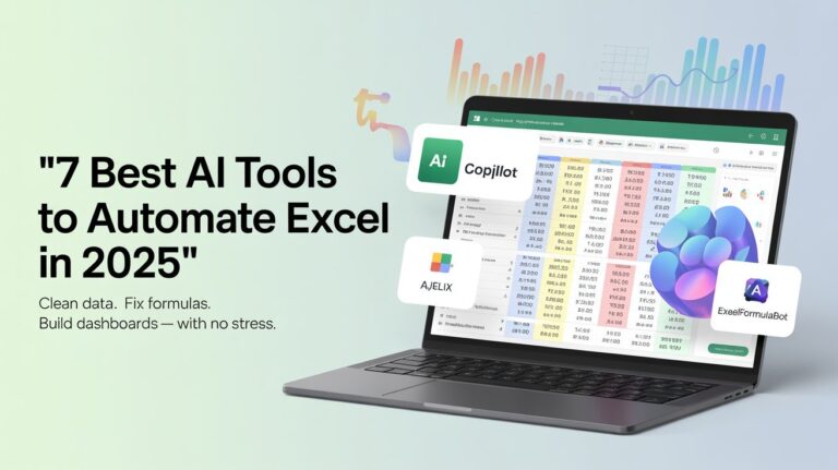 AI tools for Excel automation in 2025 – laptop showing spreadsheet with charts, AI assistant icons, and data cleaning in progress