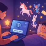 Mother using AI tool on laptop to generate a personalized bedtime story for her child, with floating magical elements like a unicorn, fairy, and stars in a cozy bedroom.
