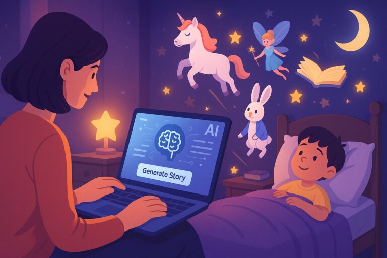 Mother using AI tool on laptop to generate a personalized bedtime story for her child, with floating magical elements like a unicorn, fairy, and stars in a cozy bedroom.