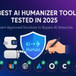 Futuristic graphic showcasing 8 best AI humanizer tools tested in 2025 with a central AI-to-Human shield icon, robot and human hands, and neon-glowing tool badges on a tech-themed blue-to-purple gradient background.