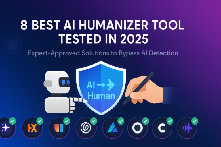 Futuristic graphic showcasing 8 best AI humanizer tools tested in 2025 with a central AI-to-Human shield icon, robot and human hands, and neon-glowing tool badges on a tech-themed blue-to-purple gradient background.