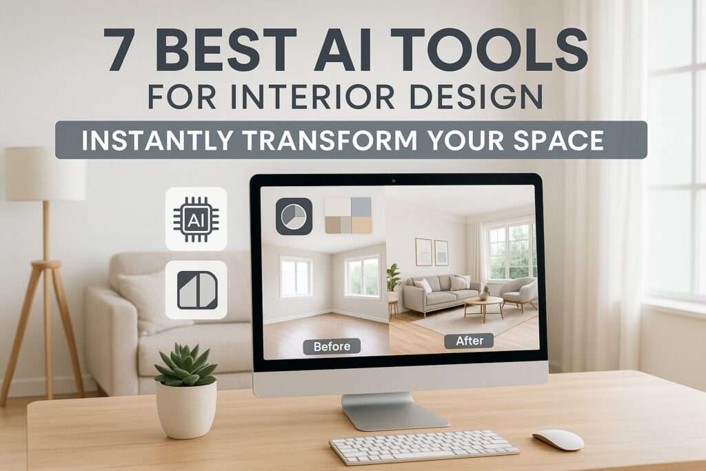 Computer screen showing AI-powered interior design transformation with a Scandinavian-style living room — featuring top AI tools for interior design.