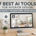 Computer screen showing AI-powered interior design transformation with a Scandinavian-style living room — featuring top AI tools for interior design.