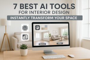 Computer screen showing AI-powered interior design transformation with a Scandinavian-style living room — featuring top AI tools for interior design.