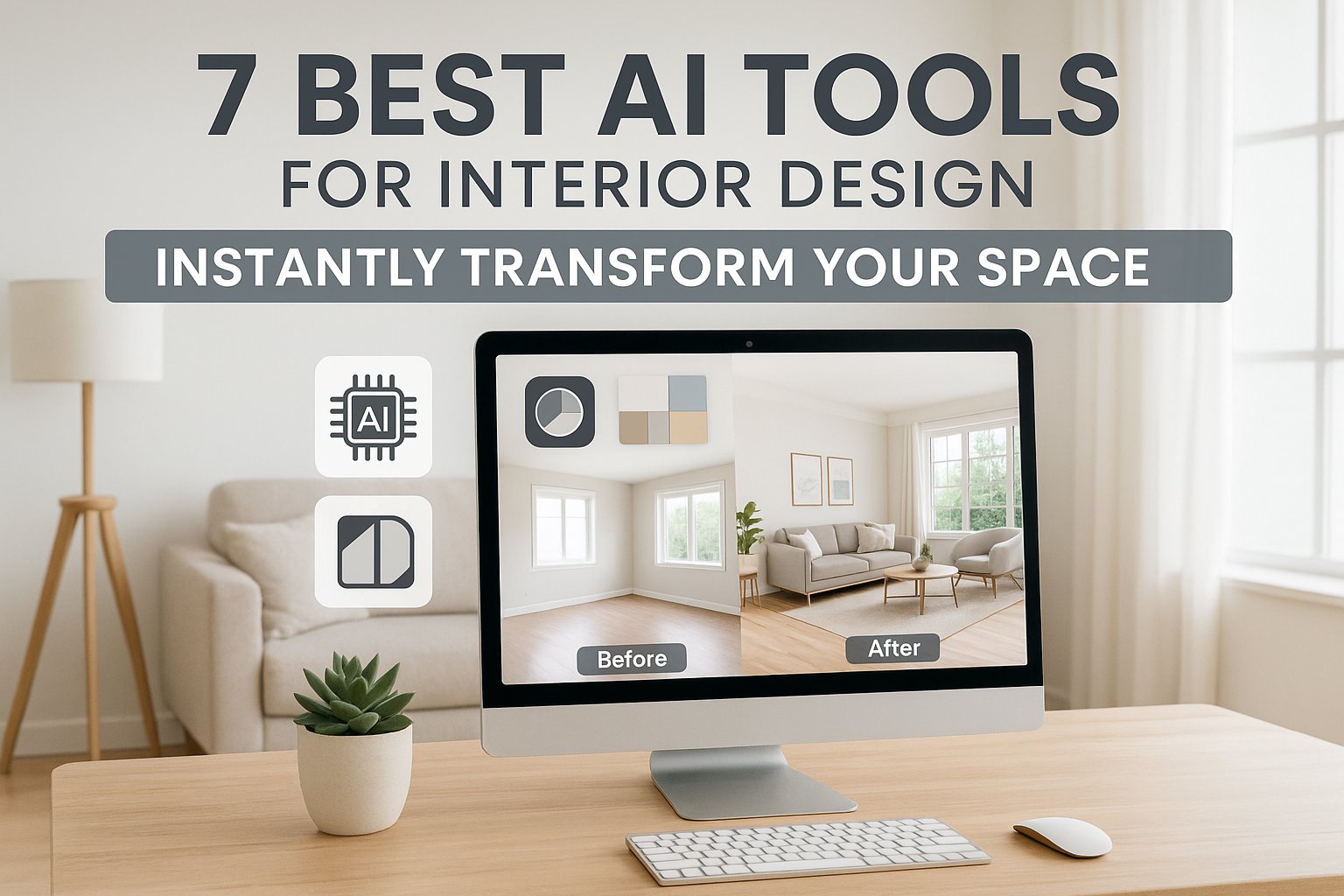 Computer screen showing AI-powered interior design transformation with a Scandinavian-style living room — featuring top AI tools for interior design.