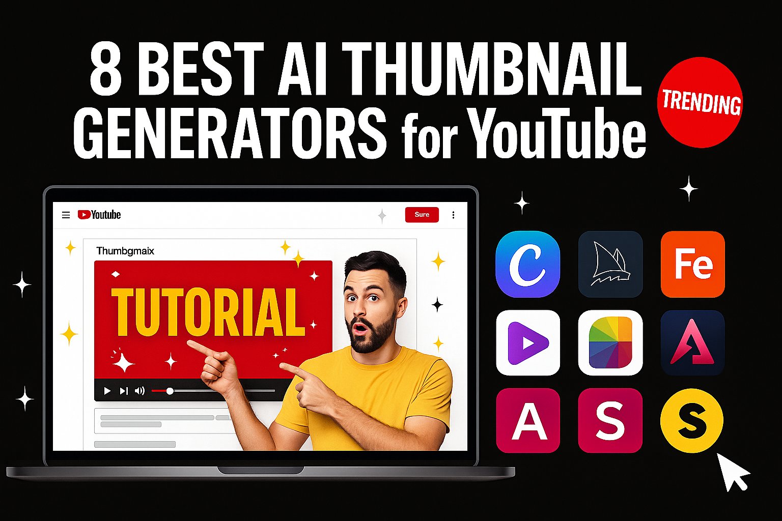 Featured image showing best AI tools for YouTube thumbnail generation including Canva, Midjourney, Adobe Firefly, Ideogram, and more with bold text and clickbait design.