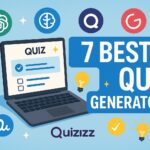 A digital illustration showing a laptop screen with quiz questions being created using various AI tools, representing the best AI tools for generating quizzes.