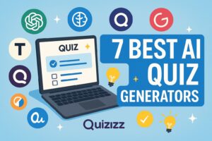A digital illustration showing a laptop screen with quiz questions being created using various AI tools, representing the best AI tools for generating quizzes.