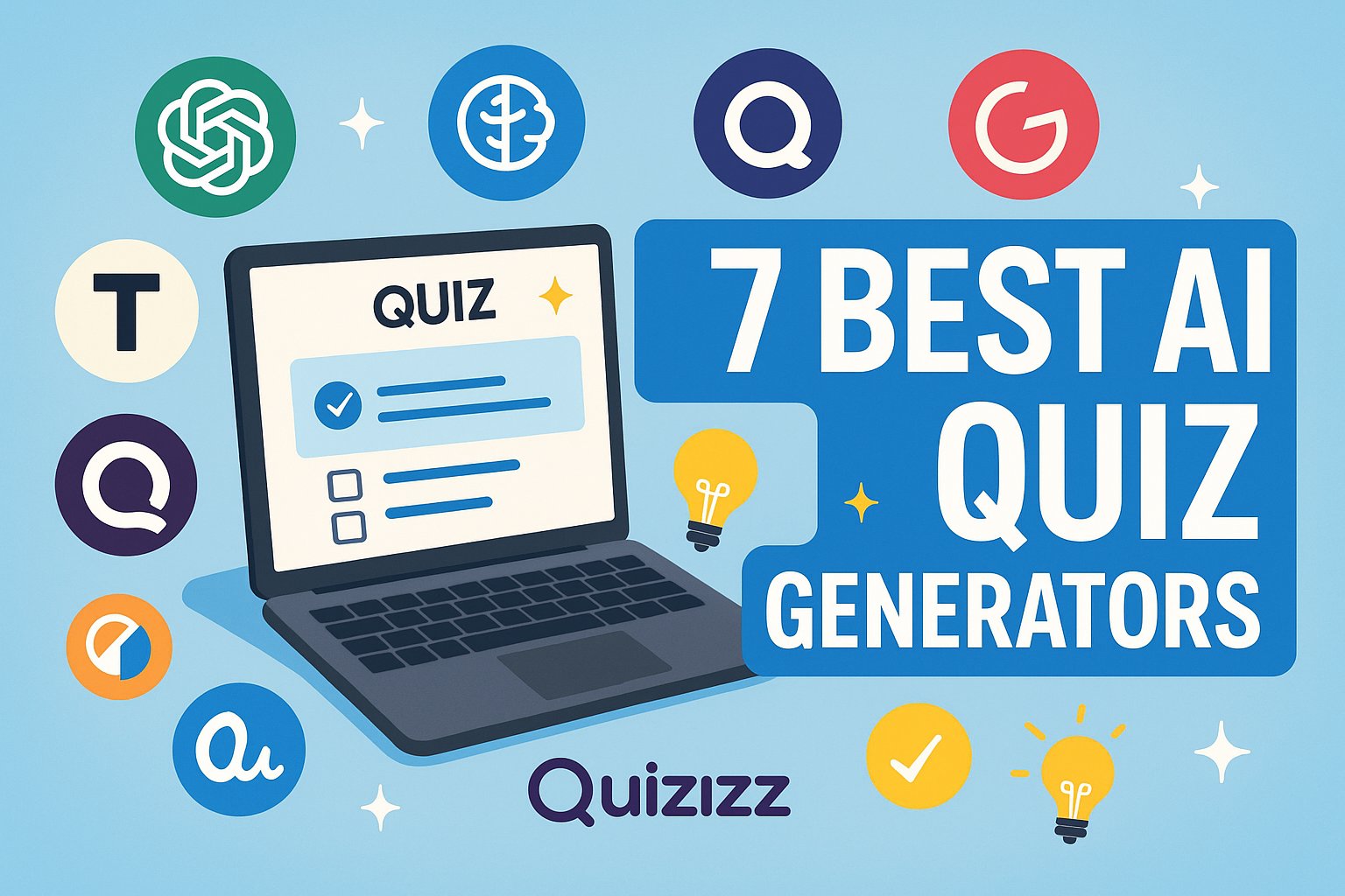 A digital illustration showing a laptop screen with quiz questions being created using various AI tools, representing the best AI tools for generating quizzes. 