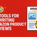 A digital graphic showing top AI tools for writing Amazon product reviews, including laptops, product listings, and AI icons