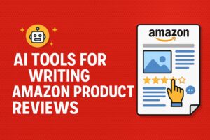 A digital graphic showing top AI tools for writing Amazon product reviews, including laptops, product listings, and AI icons