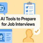 Illustration with the title "AI Tools to Prepare for Job Interviews" on a soft yellow background, featuring icons of a robot, checklist, profile window, and human silhouette with a checkmark speech bubble.