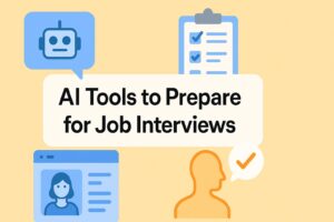 Illustration with the title "AI Tools to Prepare for Job Interviews" on a soft yellow background, featuring icons of a robot, checklist, profile window, and human silhouette with a checkmark speech bubble.