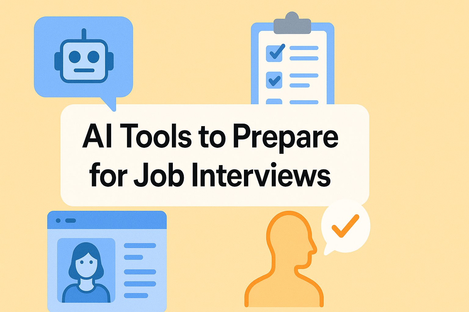 Illustration with the title "AI Tools to Prepare for Job Interviews" on a soft yellow background, featuring icons of a robot, checklist, profile window, and human silhouette with a checkmark speech bubble.