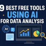A digital graphic showing the title "9 Best Free AI Tools for Data Analysis" with icons representing charts, graphs, and AI elements on a dark tech-themed background.