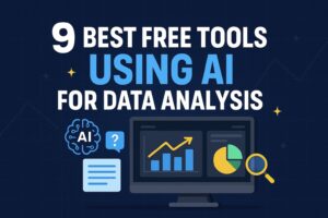 A digital graphic showing the title "9 Best Free AI Tools for Data Analysis" with icons representing charts, graphs, and AI elements on a dark tech-themed background.