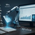 A hyper-realistic 3D-rendered image of a futuristic workspace showing a robotic arm scanning paper documents on a cluttered desk, converting them into digital data displayed on a clean computer monitor with organized Excel spreadsheets and graphs. UI text reads "99% Accuracy" and "PDF to Excel".