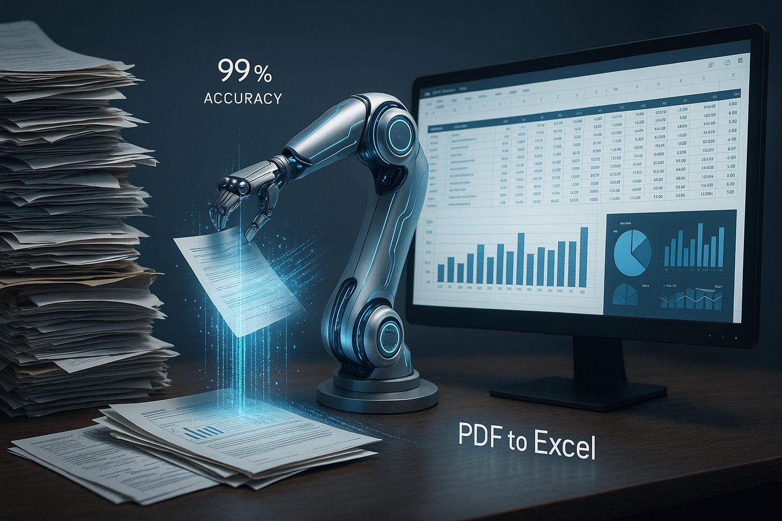 A hyper-realistic 3D-rendered image of a futuristic workspace showing a robotic arm scanning paper documents on a cluttered desk, converting them into digital data displayed on a clean computer monitor with organized Excel spreadsheets and graphs. UI text reads "99% Accuracy" and "PDF to Excel".