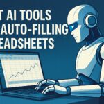 A digital illustration of a futuristic workspace with an AI-powered interface auto-filling spreadsheets on a high-tech screen, symbolizing next-generation productivity tools.