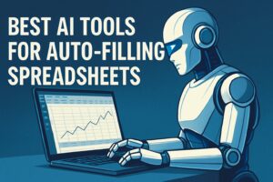 A digital illustration of a futuristic workspace with an AI-powered interface auto-filling spreadsheets on a high-tech screen, symbolizing next-generation productivity tools.