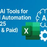 A digital banner with the text "Best AI Tools for Excel Automation in 2025 (Free & Paid)" over a sleek blue gradient background, featuring modern icons of Excel, AI, and automation gears.