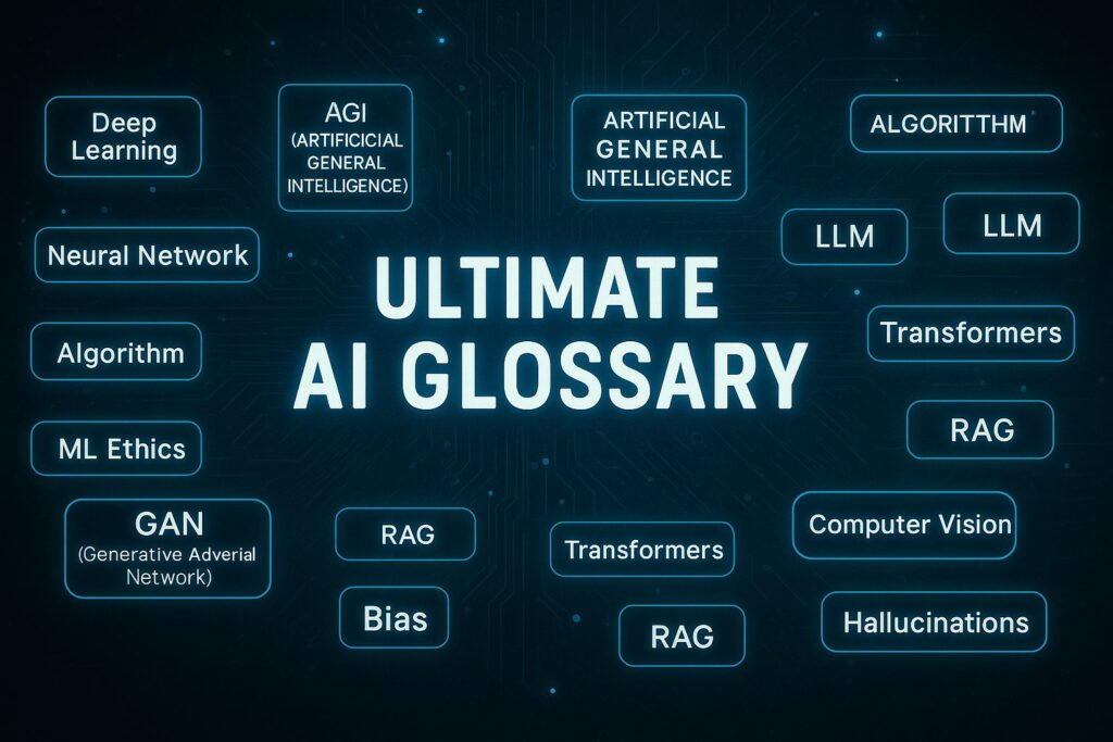 A visually appealing digital graphic titled "Ultimate AI Glossary," featuring colorful sections that define various artificial intelligence terms in a modern, easy-to-read layout.