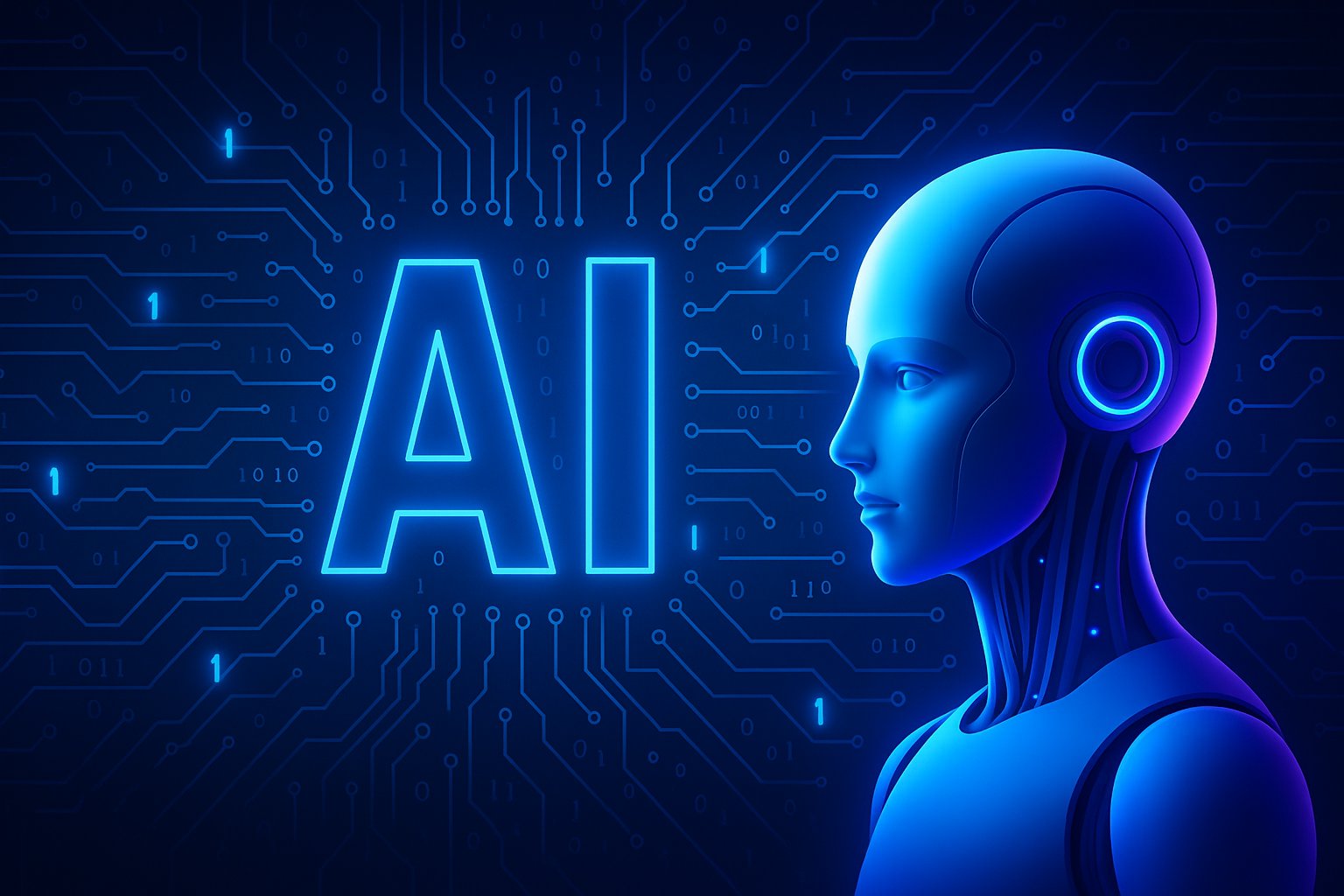 Futuristic digital cityscape illuminated with neon lights, featuring holographic AI interfaces, data streams, and interconnected technology nodes representing the artificial intelligence world