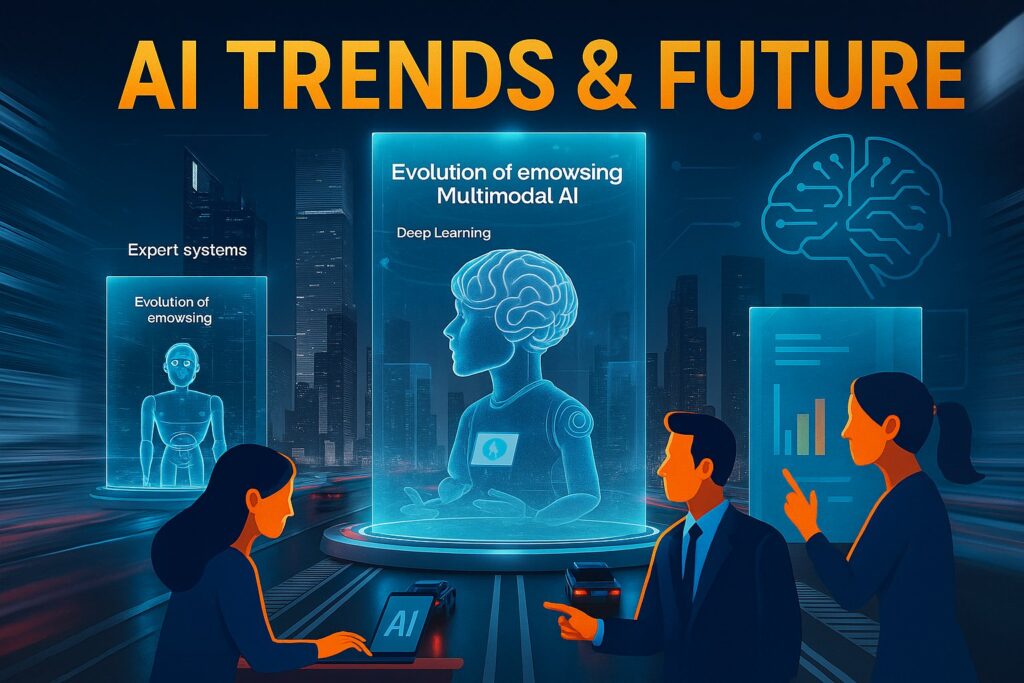 A futuristic digital illustration depicting AI trends and future innovations, showing glowing circuits, interconnected networks, and abstract human-like silhouettes symbolizing the collaboration between humans and artificial intelligence.