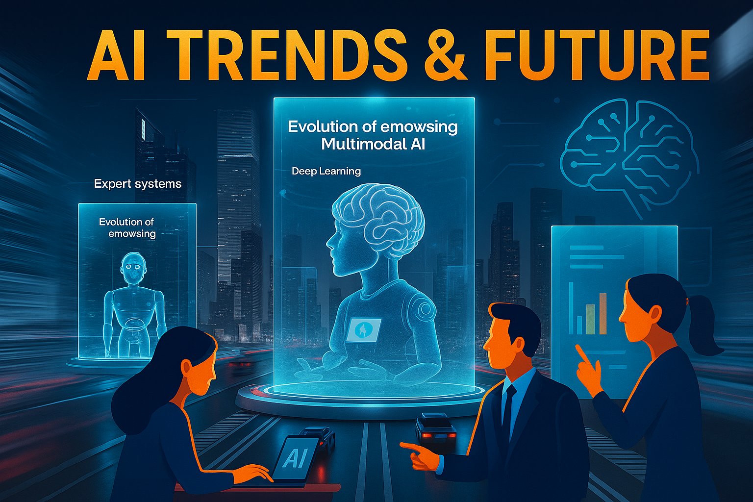 A futuristic digital illustration depicting AI trends and future innovations, showing glowing circuits, interconnected networks, and abstract human-like silhouettes symbolizing the collaboration between humans and artificial intelligence.