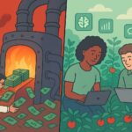 Illustration contrasting the AI bubble vs real innovation — scientists burning money in a furnace to represent unsustainable AI spending on one side, while developers use laptops in a tomato field to symbolize practical, grassroots AI innovation.