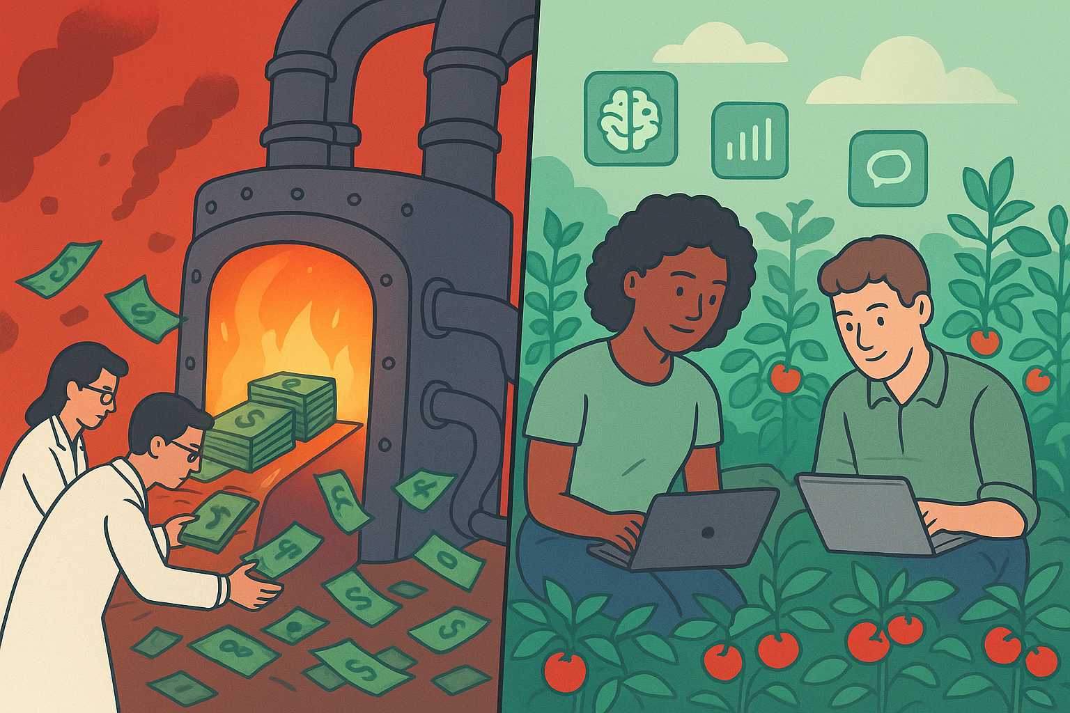 Illustration contrasting the AI bubble vs real innovation — scientists burning money in a furnace to represent unsustainable AI spending on one side, while developers use laptops in a tomato field to symbolize practical, grassroots AI innovation.
