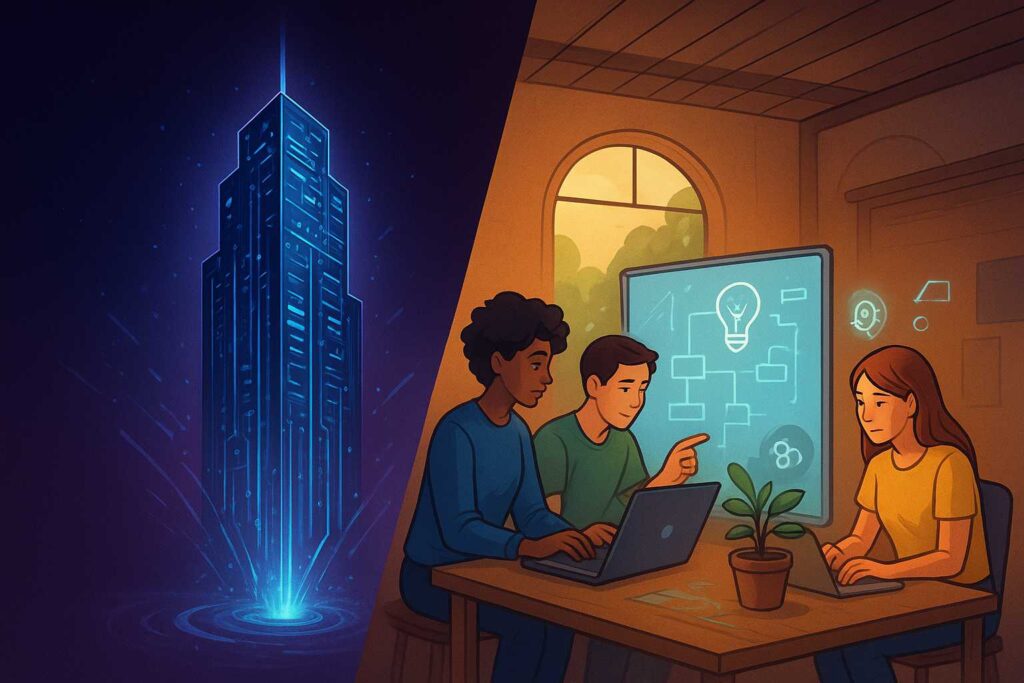 Digital illustration showing “AI Bubble vs Real Innovation,” with one side depicting overhyped artificial intelligence buzz and the other side representing genuine technological progress and creativity.