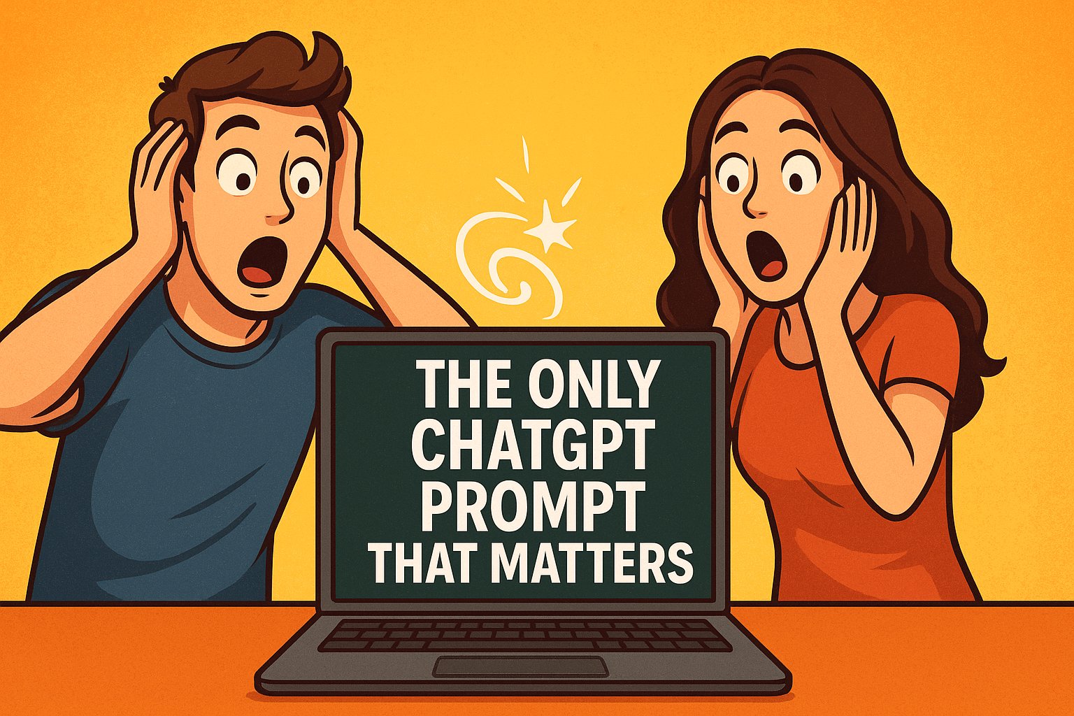 Two surprised people staring at a laptop screen that displays the words “The Only ChatGPT Prompt That Matters” in bold text.