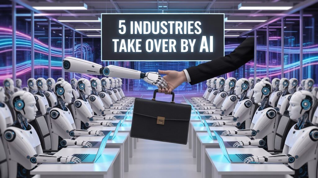 Futuristic illustration of AI robots replacing human workers in offices, showing a robotic hand taking a business briefcase from a human, symbolizing industries taken over by AI.