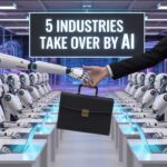 Futuristic illustration of AI robots replacing human workers in offices, showing a robotic hand taking a business briefcase from a human, symbolizing industries taken over by AI.