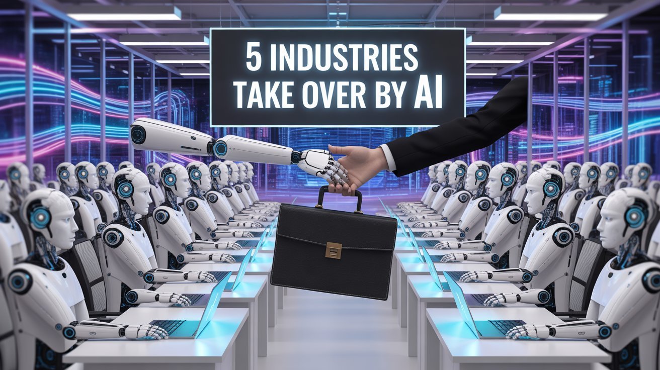 Futuristic illustration of AI robots replacing human workers in offices, showing a robotic hand taking a business briefcase from a human, symbolizing industries taken over by AI.