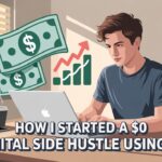 Illustration of a young man working on a laptop with dollar bills and growth chart icons, symbolizing how to start a $0 digital side hustle using AI in 2026.