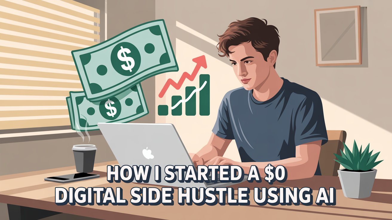 Illustration of a young man working on a laptop with dollar bills and growth chart icons, symbolizing how to start a $0 digital side hustle using AI in 2026.