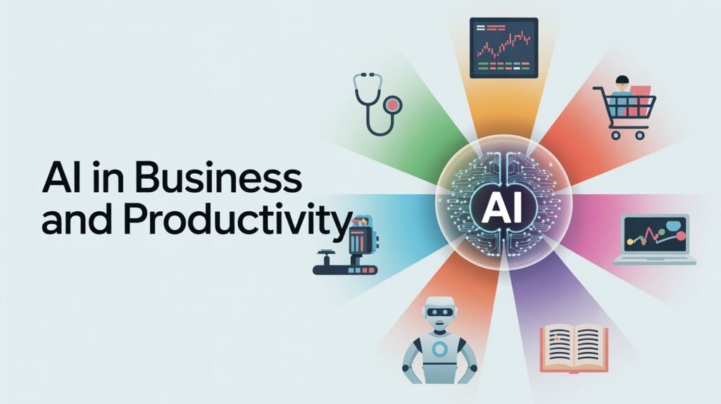 Illustration showing AI in Business and Productivity with central AI brain and icons for healthcare, finance, retail, manufacturing, marketing, sales, and education.