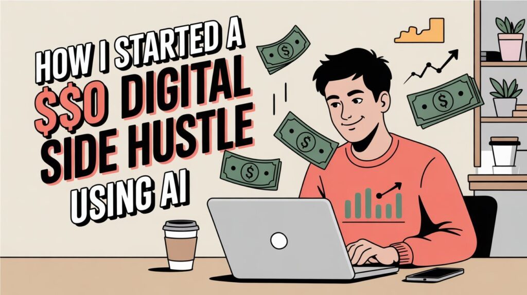 Illustration of a young man working on a laptop with dollar bills and growth icons, representing how to start a $0 digital side hustle using AI in 2026.