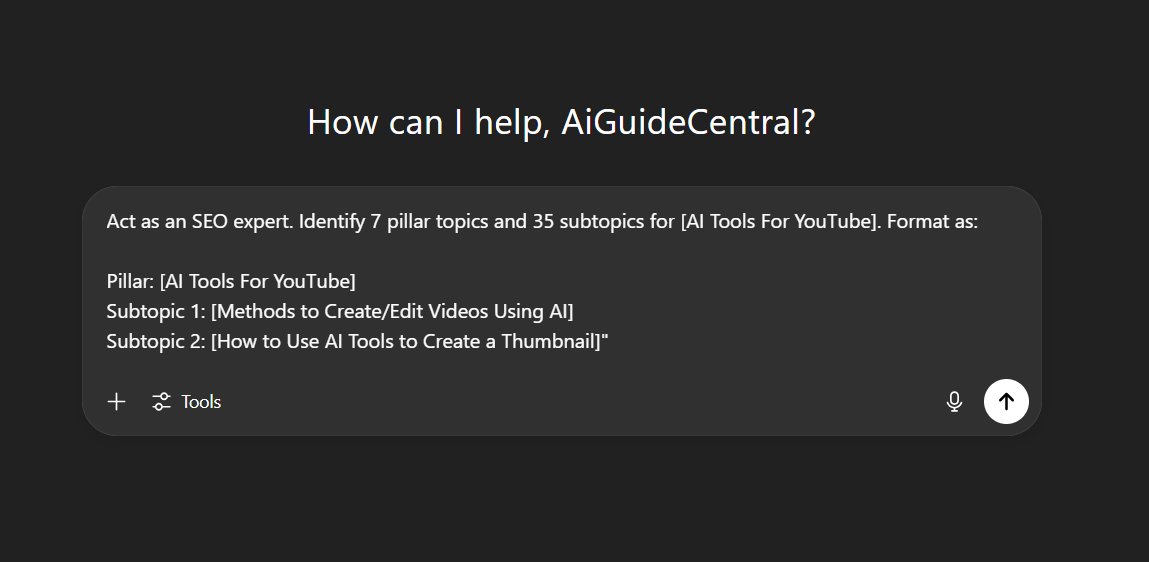 ChatGPT interface displaying an SEO prompt asking for 7 pillar topics and 35 subtopics for AI Tools For YouTube, with example subtopics like Methods to Create/Edit Videos Using AI and How to Use AI Tools to Create a Thumbnail.