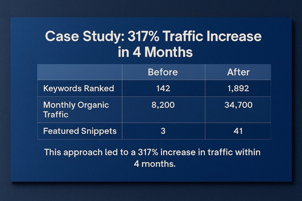 Case study infographic showing a SaaS company's 317% traffic increase using ChatGPT SEO cluster strategy, with metrics for keywords ranked, organic traffic, and featured snippets improvement.