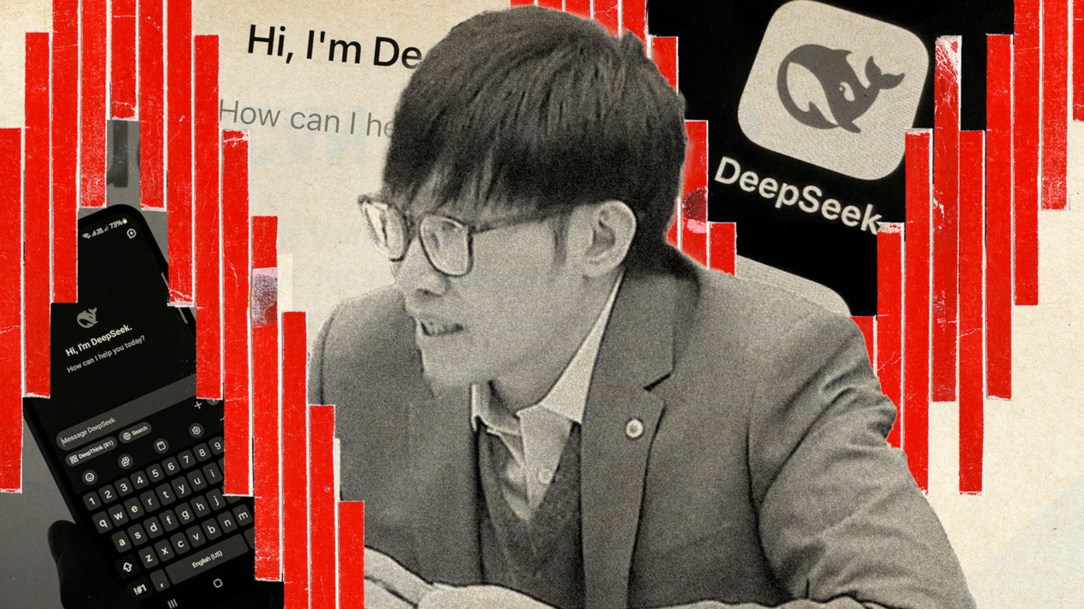 Liang Wenfeng in glasses and a suit speaking, with the DeepSeek app logo, interface screenshots, and red graphical bars in the background, symbolizing the rise of the Chinese AI platform DeepSeek.
