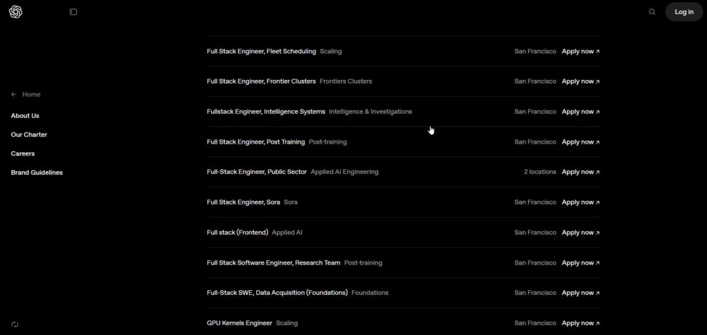 Screenshot of OpenAI's careers page listing multiple openings for front-end, back-end, and full-stack engineer positions, raising the question, "Will AI replace software developers?"