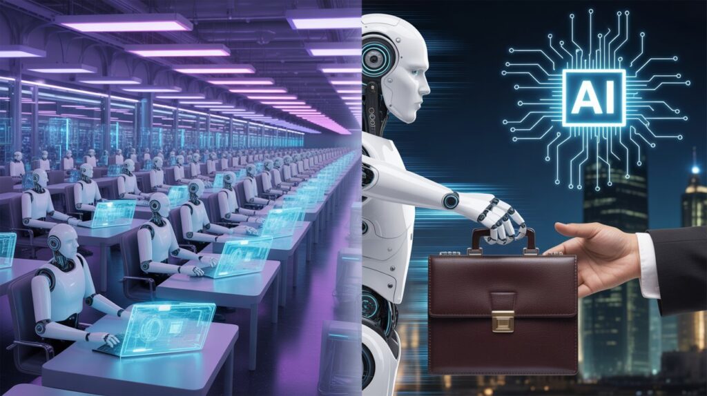 Futuristic concept showing rows of AI robots working on holographic computers in an office, alongside a robot handing a briefcase to a human, symbolizing artificial intelligence taking over industries.